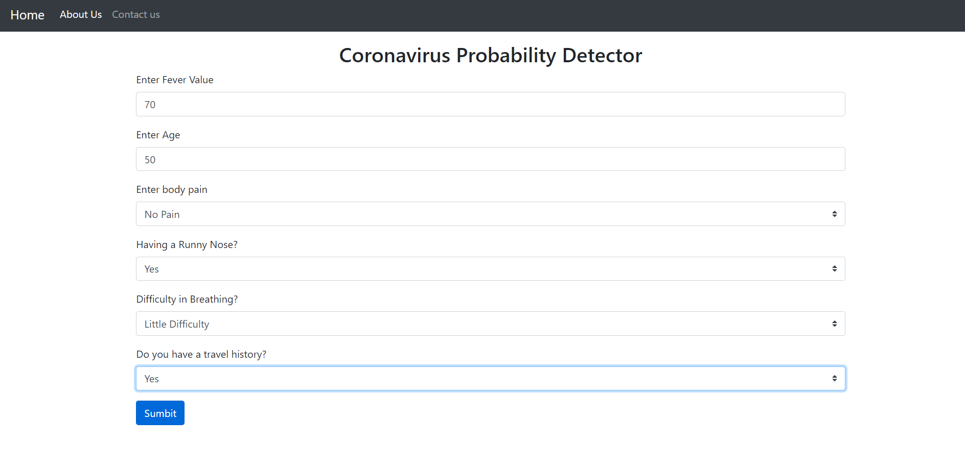 Covid-19 predictor frontpage